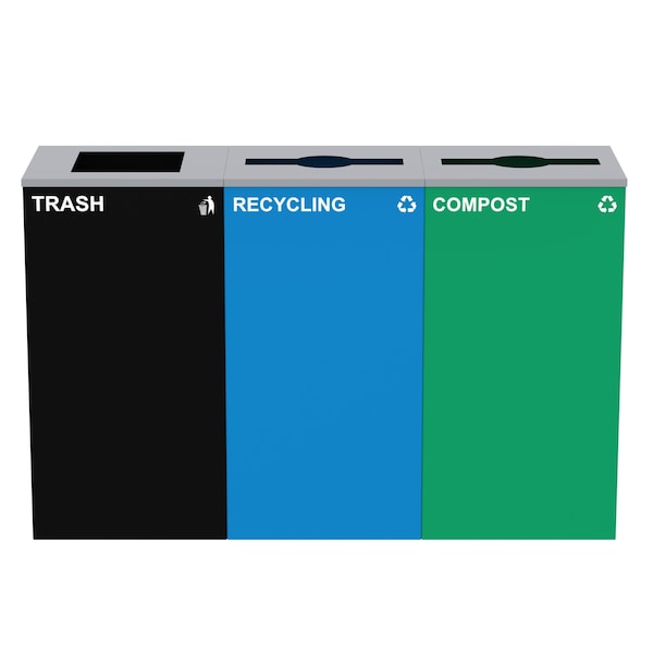 Alpine Industries 87 Gal. 3-Stream Steel Blue Recycling, Green Compost, and Black Commercial Trash Can Station ALP4450-BLK-KIT27 - main